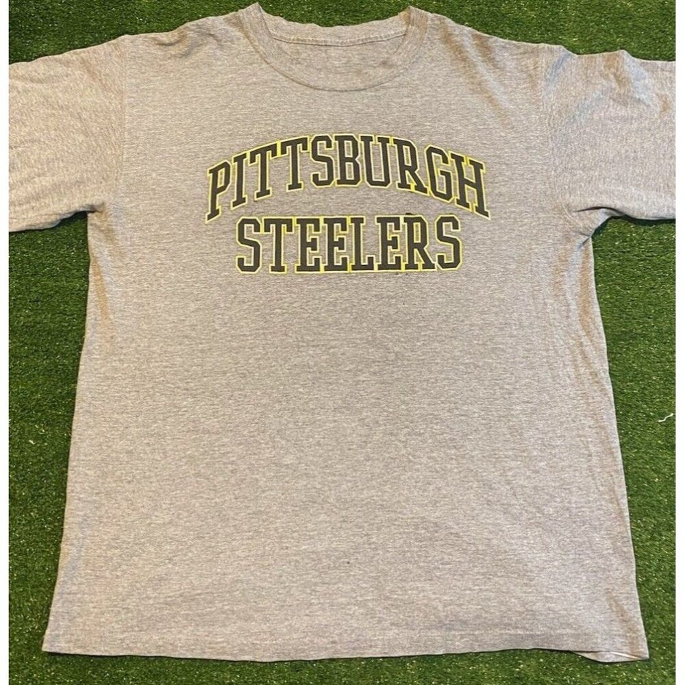 Pittsburgh Steelers shirt mens large gray yellow Y2K spell out NFL football 25